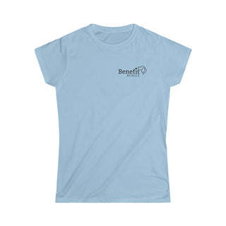 Live in the Moment Women's Softstyle Tee in Light Blue. The Live in the Moment design features the Benefit Beagle logo in the top corner of the garment.