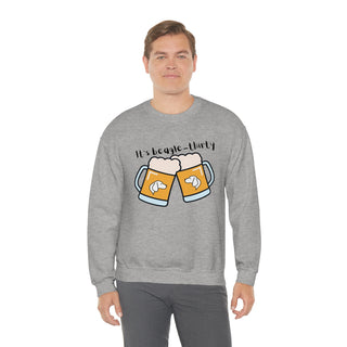 Beagle-Thirty Mugs Unisex Heavy Blend Crewneck Sweatshirt in Sport Grey. The front of shirt showcases Two Dog Adorned Mugs clinking with the saying, "It's Beagle-Thirty" above it. Back of shirt features corresponding Benefit Beagle Logo.