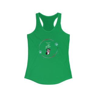 Dog Hair is my Glitter Women's Racerback Tank in Kelly Green. The Dog Hair is my Glitter design features a dog with the phrase "Dog Hair is my Glitter" above it and it is surrounded by a circle with paw prints.