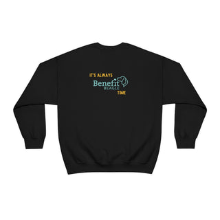 Beagle-Thirty Bottles Unisex Heavy Blend Crewneck Sweatshirt in Black. Shown is back of shirt featuring "Beagle-Thirty" Benefit Beagle Logo. The front Showcases Two Paw Labeled Bottles clinking with, "It's Beagle-Thirty" written next to it.