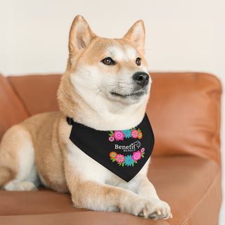 Dog wearing the Dia De Los Muertos Dog Collar Bandana in Black. The Dia De Los Muertos design features the Benefit Beagle logo with flowers surrounding it. Comes with adjustable black collar.