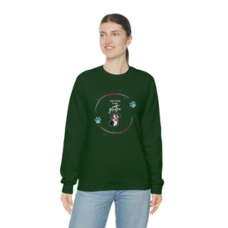 Dog Hair is my Glitter Unisex Crewneck in Forest Green. The Dog Hair is my Glitter design features a dog with the phrase "Dog Hair is my Glitter" above it and it is surrounded by a circle with paw prints.