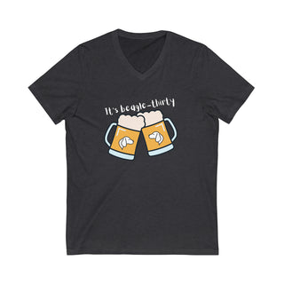 Beagle-Thirty Mugs Unisex Short Sleeve V-Neck Tee in Dark Grey Heather. The front of shirt showcases Two Dog Adorned Mugs clinking with the saying, "It's Beagle-Thirty" above it. Back of shirt features corresponding Benefit Beagle Logo.