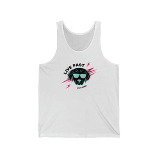 Play Hard Unisex Jersey Tank in White. The design features a cool dog with sunglasses and lightening bolts around it. The phrase "Live Fast, Play Hard" is around the design.