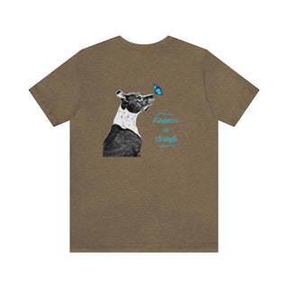 Lincoln Butterfly Unisex Jersey Short Sleeve Tee in Olive. Shown is back of shirt design showcasing profile of a dog with a blue butterfly on its nose and the phrase "Kindness is Strength" next to it. The front of shirt has Benefit Beagle Logo kissed by a Butterfly.