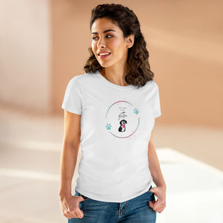 Dog Hair is my Glitter Women's Midweight Cotton Tee in White. The Dog Hair is my Glitter design features a dog with the phrase "Dog Hair is my Glitter" above it and it is surrounded by a circle with paw prints.