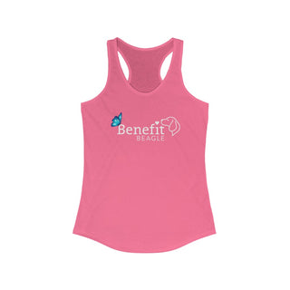 Lincoln Butterfly Women's Ideal Racerback Tank in Hot Pink. Shown is the front of shirt with Benefit Beagle Logo kissed by butterfly. The back of shirt showcases profile of a dog with a blue butterfly on its nose and the phrase "Kindness is Strength" next to it.