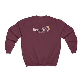 You are my Sunshine Unisex Crewneck Sweatshirt in Maroon. Shown is back of shirt featuring the Sunflower Benefit Beagle Logo. The front showcases a sunflower which is split down the middle and half is made out of paw prints. Underneath is the phrase "You are my Sunshine".