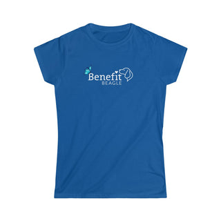 Lincoln Butterfly Women's Softstyle Tee in Royal. Shown is the front of shirt with Benefit Beagle Logo kissed by butterfly. The back of shirt showcases profile of a dog with a blue butterfly on its nose and the phrase "Kindness is Strength" next to it.