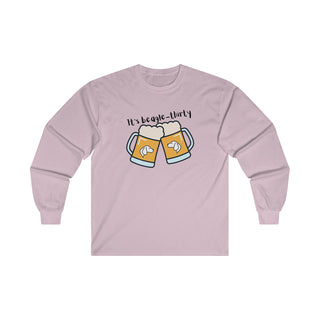 Beagle-Thirty Mugs Unisex Ultra Cotton Long Sleeve Tee in Light Pink. The front of shirt showcases Two Dog Adorned Mugs clinking with the saying, "It's Beagle-Thirty" above it. Back of shirt features corresponding Benefit Beagle Logo.