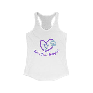 Live, Love, Beagle Women's Ideal Racerback Tank in White. The Live, Love, Beagle design features a dog running through a heart with the phrase "Live, Love, Beagle!" under it.