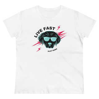 Play Hard Women's Midweight Cotton Tee shirt in White. The design features a cool dog with sunglasses and lightening bolts behind it. The phrase "Live Fast, Play Hard" is around the design.