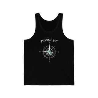 Adventures Await Unisex Jersey Tank in Black. The front of shirt features the Adventures Await design with a dog inside a nautical compass and the words "Adventures Await" above it. The back of the shirt has similar Benefit Beagle Logo.