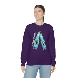 Beagle-Thirty Bottles Unisex Heavy Blend Crewneck Sweatshirt in Purple. The front of shirt showcases Two Paw Labeled Bottles clinking with the saying, "It's Beagle-Thirty". Back of shirt features corresponding Benefit Beagle Logo.