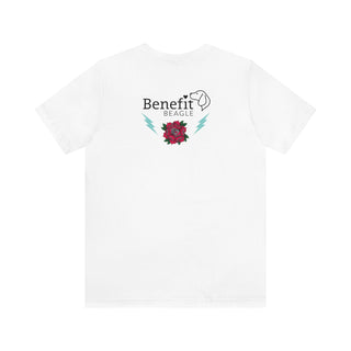 Stay Wild Premium Unisex Tee in White. Shown is the back of shirt with Benefit Beagle Logo complete with Tattoo Rose. On front of shirt is Stay Wild Design featuring a tattoo style rose with the phrase "Stay Wild, Play Hard" around it.