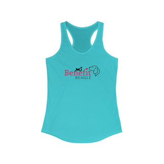 Meow Women's Racerback Tank in Tahiti Blue. Shown is front of shirt with the Benefit Beagle Logo featuring a peeping cat. The back showcases a wide eyed black cartoon cat with the phrase "Chatty Cat" above it.