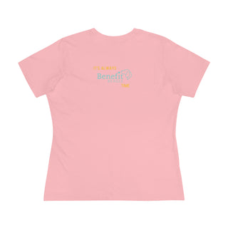 Beagle-Thirty Bottles Women's Premium Tee in Pink. Shown is back of shirt featuring "Beagle-Thirty" Benefit Beagle Logo. The front Showcases Two Paw Labeled Bottles clinking with, "It's Beagle-Thirty" written next to it.