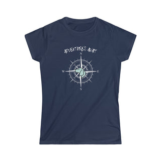 Adventures Await Women's Softstyle Tee in Navy. The front of shirt features the Adventures Await design with a dog inside a nautical compass and the words "Adventures Await" above it. The back of the shirt has similar Benefit Beagle Logo.