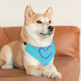 Dog wearing the Live, Love, Beagle Dog Collar Bandana in Blue. The Live, Love, Beagle design features a heart with a paw print. Comes with black adjustable collar.