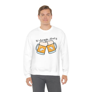 Beagle-Thirty Mugs Unisex Heavy Blend Crewneck Sweatshirt in White. The front of shirt showcases Two Dog Adorned Mugs clinking with the saying, "It's Beagle-Thirty" above it. Back of shirt features corresponding Benefit Beagle Logo.