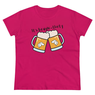 Beagle-Thirty Mugs Women's Midweight Cotton Tee in Heliconia Pink. The front of shirt showcases Two Dog Adorned Mugs clinking with the saying, "It's Beagle-Thirty" above it. Back of shirt features corresponding Benefit Beagle Logo.