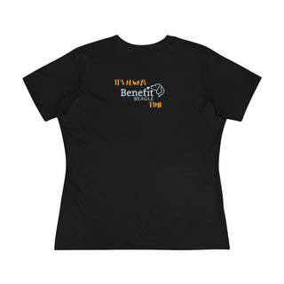 Beagle-Thirty Mugs Women's Premium Tee in Black. Shown is back of shirt featuring "Beagle-Thirty" Benefit Beagle Logo. The front Showcases Two Dog Adorned Mugs clinking with, "It's Beagle-Thirty" written above it.