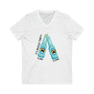 Beagle-Thirty Bottles Unisex Jersey Short Sleeve V-Neck Tee in White. The front of shirt showcases Two Paw Labeled Bottles clinking with the saying, "It's Beagle-Thirty". Back of shirt features corresponding Benefit Beagle Logo.