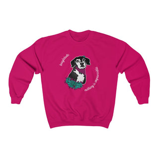 Signature Tattoo Roses Crewneck Sweatshirt in Heliconia. Shown is front of shirt with the Signature Tattoo Roses design featuring a dog with roses around it and the phrase "Beagletude" and "Nothing is Impawssible". Back of shirt features the Benefit Beagle Logo.