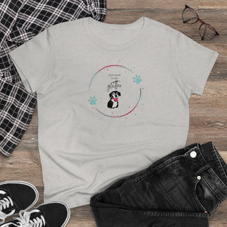 Dog Hair is my Glitter Women's Midweight Cotton Tee in Ash. The Dog Hair is my Glitter design features a dog with the phrase "Dog Hair is my Glitter" above it and it is surrounded by a circle with paw prints.