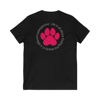 Different Pawspective Unisex V-Neck Tee in Black. Shown is the back of shirt featuring a large colorful pawprint with the the phrase "Life is all about finding the beauty in a different pawspective" circled around it. The Benefit Beagle Logo is located in the top corner on the front of shirt.