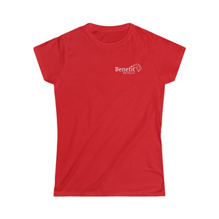 Live in the Moment Women's Softstyle Tee in Red. The Live in the Moment design features the Benefit Beagle logo in the top corner of the garment.