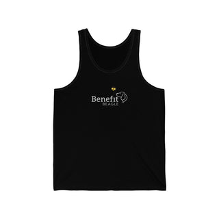 Bee Pawsitive Unisex Jersey Tank shirt in Black. The front of shirt features the Bee Pawsitive Benefit Beagle Logo. The back of shirt showcases a dog dressed as a bee in a field of sunflowers with "Bee Pawsitive" written above.