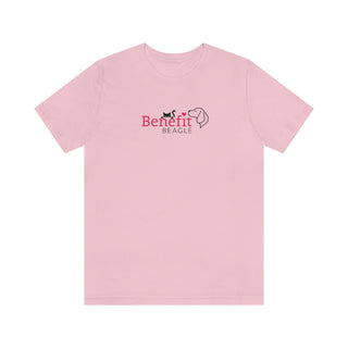 Meow Unisex Jersey Short Sleeve Tee in Pink. Shown is front of shirt with the Benefit Beagle Logo featuring a peeping cat. The back showcases a wide eyed black cartoon cat with the phrase "Chatty Cat" above it.