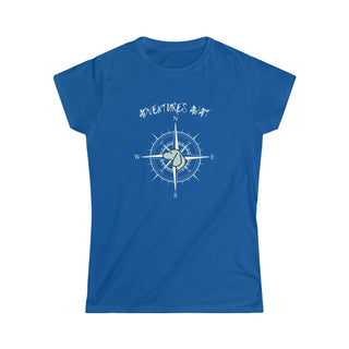 Adventures Await Women's Softstyle Tee in Royal. The front of shirt features the Adventures Await design with a dog inside a nautical compass and the words "Adventures Await" above it. The back of the shirt has similar Benefit Beagle Logo.