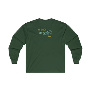 Beagle-Thirty Bottles Unisex Ultra Cotton Long Sleeve Tee in Forest Green. Shown is back of shirt featuring "Beagle-Thirty" Benefit Beagle Logo. The front Showcases Two Paw Labeled Bottles clinking with, "It's Beagle-Thirty" written next to it.