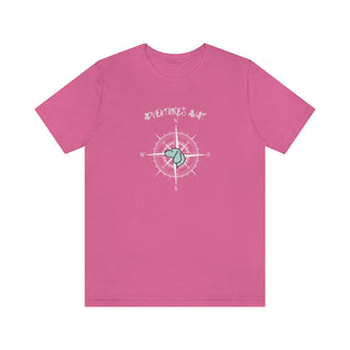 Adventures Await Unisex Jersey Short Sleeve Tee in Charity Pink. The front of shirt features the Adventures Await design with a dog inside a nautical compass and the words "Adventures Await" above it. The back of the shirt has similar Benefit Beagle Logo.