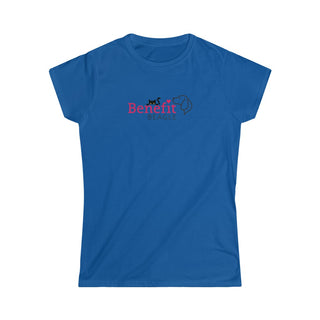 Meow Women's Softstyle Tee in Royal Blue. Shown is front of shirt with the Benefit Beagle Logo featuring a peeping cat. The back showcases a wide eyed black cartoon cat with the phrase "Chatty Cat" above it.