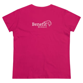 Easily Distracted Women's Midweight Cotton Tee in Heliconia Pink. Shown is back design with the classic Benefit Beagle Logo. The front design features a dog waving with the saying "Easily Distracted by Dogs" below it.