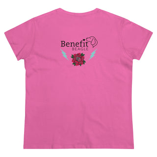 Stay Wild Women's Midweight Cotton Tee in Azalea. Shown is the back of shirt with Benefit Beagle Logo complete with Tattoo Rose. On front of shirt is Stay Wild Design featuring a tattoo style rose with the phrase "Stay Wild, Play Hard" around it.