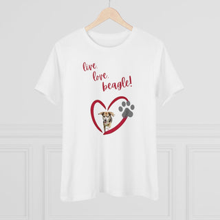 Live, Love, Beagle Women's Premium Tee in White. The Live, Love, Beagle design features a dog running through a heart with the phrase "Live, Love, Beagle!" above it.