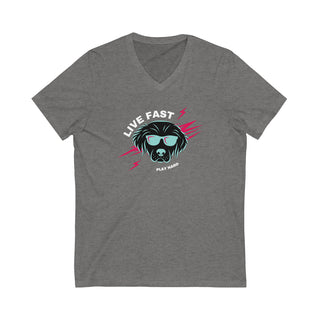 Play Hard Unisex Jersey Short Sleeve V-Neck Tee Shirt in Deep Heather. The design features a cool dog with sunglasses and lightening bolts around it. The phrase "Live Fast, Play Hard" is around the design.