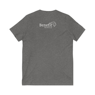 Easily Distracted Unisex Jersey Short Sleeve V-Neck Tee in Deep Heather. Shown is back design with the classic Benefit Beagle Logo. The front design features a dog waving with the saying "Easily Distracted by Dogs" below it.