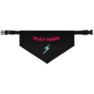 Play Hard Dog Collar Bandana in Black. The Play Hard design features the phrase "Play Hard" with a lightening bolt under it. Comes with adjustable black collar.