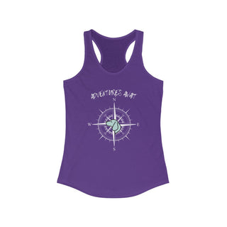 Adventures Await Women's Racerback Tank in Purple Rush. The front of shirt features the Adventures Await design with a dog inside a nautical compass and the words "Adventures Await" above it. The back of the shirt has similar Benefit Beagle Logo.