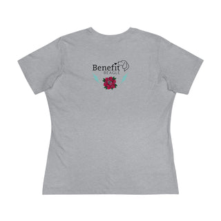 Stay Wild Women's Premium Tee in Athletic Heather. Shown is the back of shirt with Benefit Beagle Logo complete with Tattoo Rose. On front of shirt is Stay Wild Design featuring a tattoo style rose with the phrase "Stay Wild, Play Hard" around it.