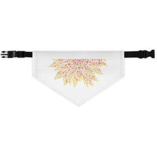 You are my Sunshine Pet Bandana Collar in White. The You are my Sunshine design features half of a sunflower made out of little paw prints. Comes with adjustable black collar.