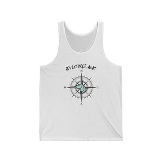 Adventures Await Unisex Jersey Tank in White. The front of shirt features the Adventures Await design with a dog inside a nautical compass and the words "Adventures Await" above it. The back of the shirt has similar Benefit Beagle Logo.