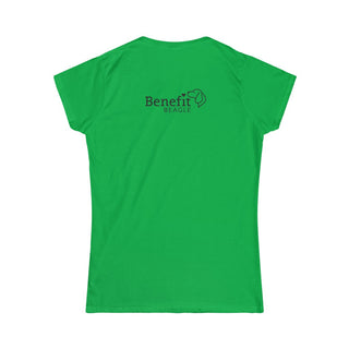 Signature Tattoo Flowers Women's Softstyle Tee in Irish Green. Shown is back of shirt with the Benefit Beagle Logo. Front of shirt has the Signature Tattoo Flowers design featuring a dog with flowers around it and the phrase "Beagletude" and "Nothing is Impawssible".