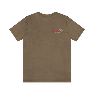 Different Pawspective Unisex Jersey Short Sleeve Tee in Heather Olive. Shown is front of shirt with Benefit Beagle logo in the top corner . On the back is large colorful pawprint with the the phrase "Life is all about finding the beauty in a different pawspective" circled around it.