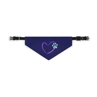 Live, Love, Beagle Dog Collar Bandana in Navy. The Live, Love, Beagle design features a heart with a paw print. Comes with black adjustable collar.